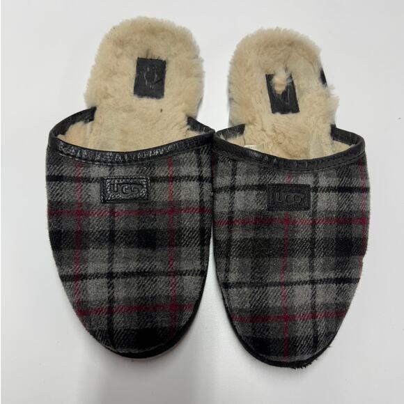 UGG Slippers Mens 12 Grey Plaid Scuff Tartan Fleece Lined - Picture 2 of 11